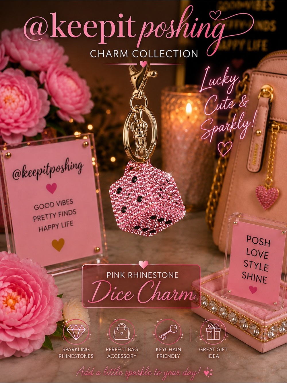 Pink Rhinestone Dice Charm Keychain - Picture 1 of 1